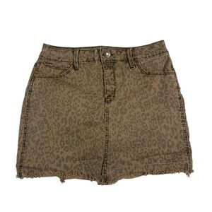 Vintage 90s Mudd Leopard Print Denim Mini‎ Skirt Frayed Hem Stretch Brown Size 9